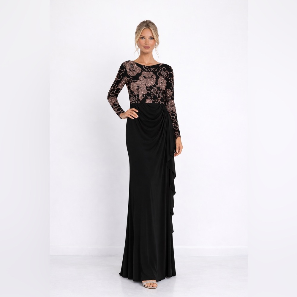 Betsy & Adam Black Rose Gold Floral Gown SZ 4 NWT Long Sleeve MOB Formal GALA